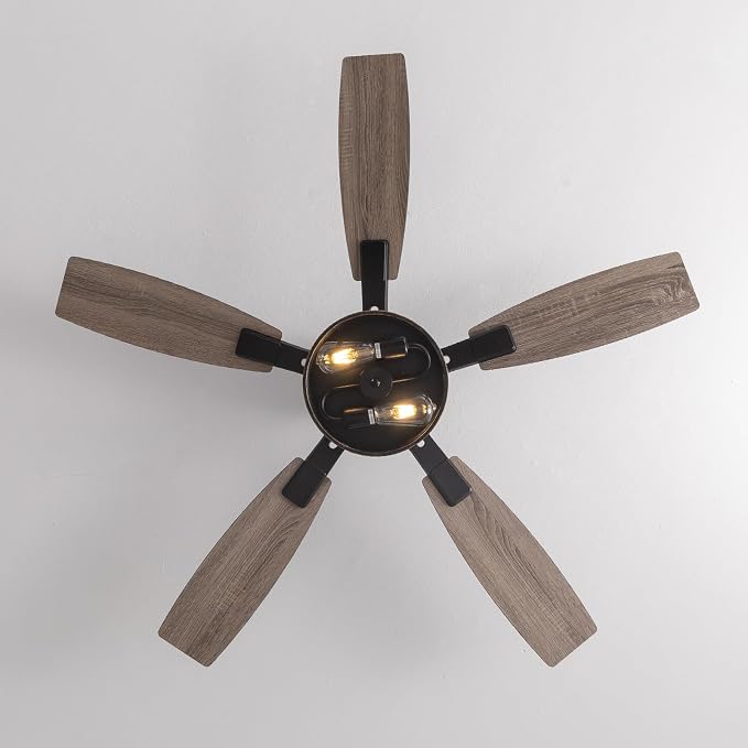 52 Inch Flush Mount Ceiling Fans with Lights and Remote Control, Low Profile Farmhouse Ceiling Fan for Bedroom Living Room and Patio, Black Caged Ceiling Fan for Indoor and Outdoor（No Bulb）