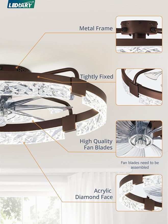 LEDIARY 24 Inch Low Profile Ceiling Fans with Lights and Remote, Flush Mount Fandelier Ceiling Fan, 3000K-6000K Dimmable LED Fan Light, Brown Modern Ceiling Fans with Lights for Bedroom