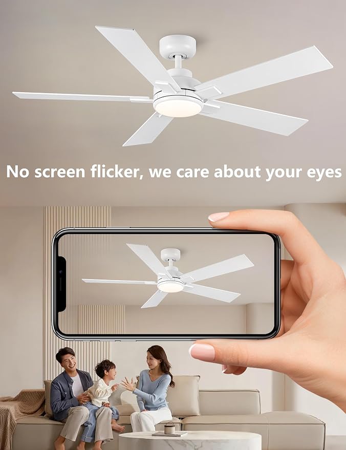 Modern Ceiling Fans with Lights - 52 inch Outdoor White Ceiling Fan with Light and Remote, Reversible DC Motor, 6-Speed Quiet 3CCT LED Dimmable for Bedroom, Indoor and Outdoor, Patios , ETL Listed