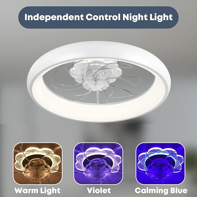 FSZDORJ 20'' Ceiling Fan with Light and Remote, Low Profile Ceiling Fan with Light, Dimmable Flush Mount Ceiling Fan Light, 6 Speeds Fan, App&Remote Control, Fandelier Quiet Fan for Bedroom F109 White
