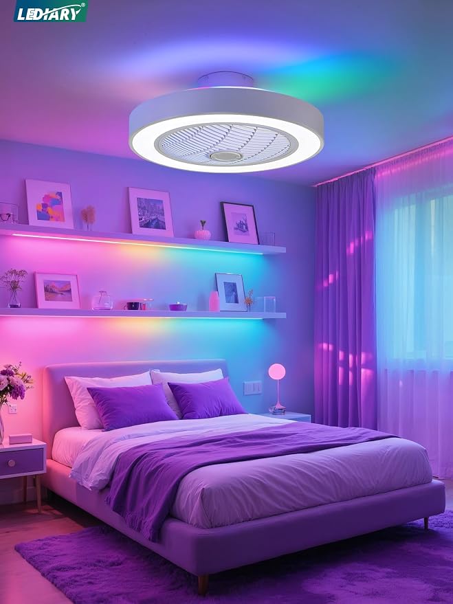 LEDIARY 22 Inch Low Profile Ceiling Fans with Lights, Led Bladeless Ceiling Fan, Remote Control Enclosed Flush Mount Ceiling Fan with Timming, 3000-6000K, 6 Wind Speed-White RGB