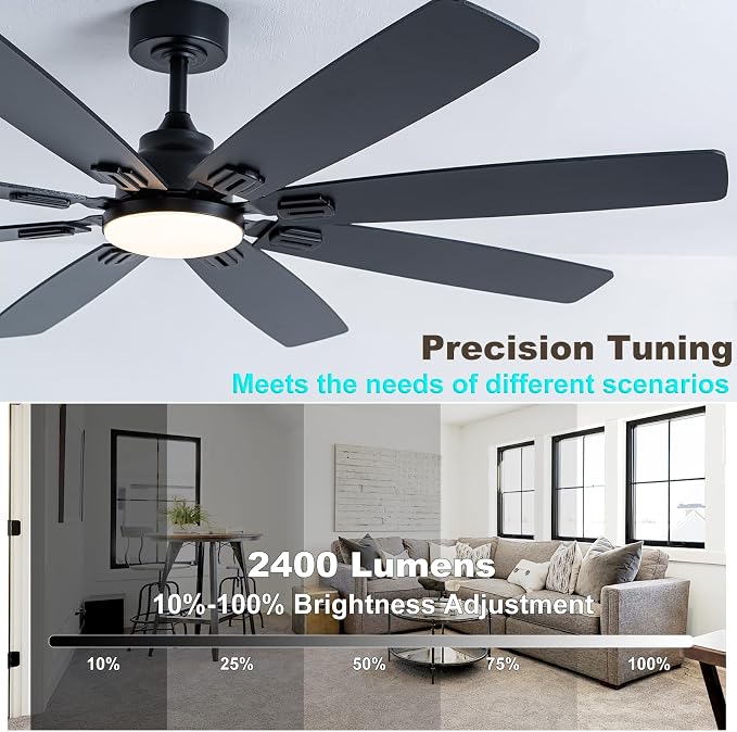 Coolwind 62in Large Outdoor Ceiling Fan, Display Remote&APP Control, Black 8 Blade Quiet Ceiling Fan, 8 Speeds, Dimmable, Timer, DC Reversible Motor, Double Sided Blade for Patio, Bedroom