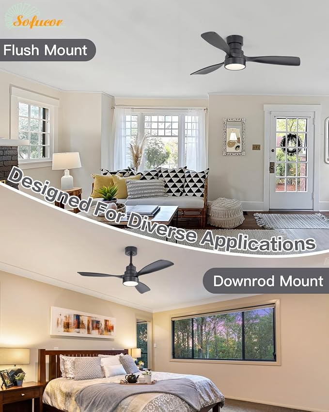 Sofucor 48 Inch Smart Ceiling Fans with Lights-Flush Mount & Downrod Mount Modern Outdoor Ceiling Fans with Alexa/Google Assistant/APP/Remote Control for Bedroom/Farmhouse/Patio, Black
