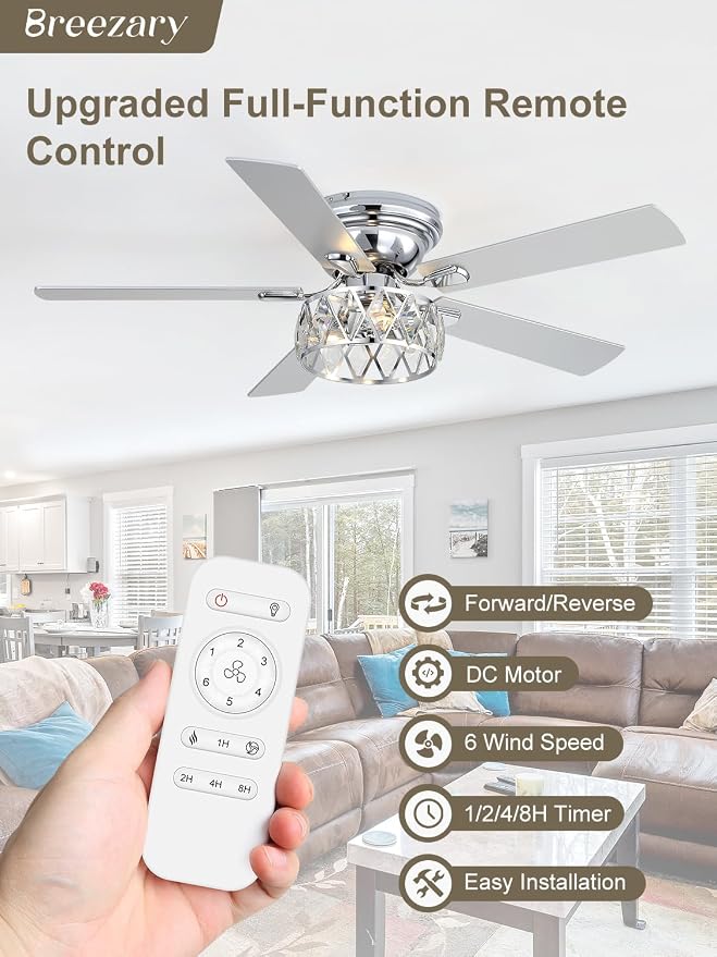 52 Inch Flush Mount Ceiling Fans with Lights and Remote, 5-Blade, 6-Speed Reversible DC Motor, Modern Low Profile Ceiling Fan Crystal Fandeliers for Bedroom Living Room Kitchen (Chrome)