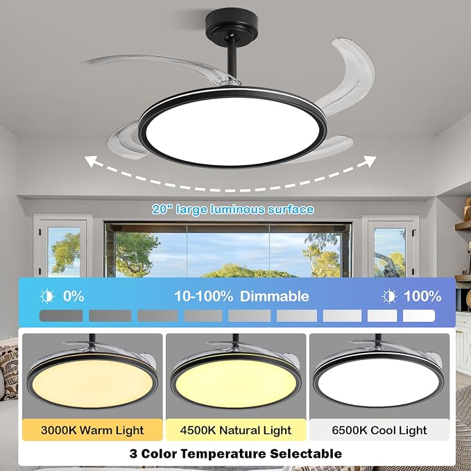 BAYSQUIRREL Slim Retractable Ceiling Fan, 42 Inch Low Profile Ceiling Fan with Remote Control, Dimmable Full Spectrum with Memory, 6-Speed Reversible Fan, Black