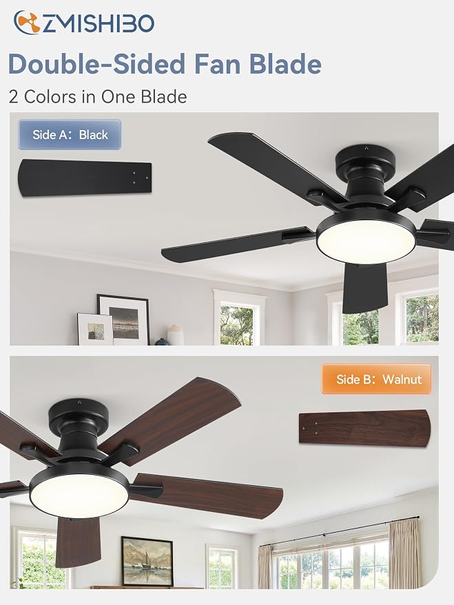 ZMISHIBO 42 Inch Ceiling Fans with Lights, Flush Mount Low Profile Ceiling Fan with 6 Speeds & 3CCT, Smart Remote&APP Control, Dimmable 24W LED Light, Quiet DC Motor for Living Room Bedroom,Black