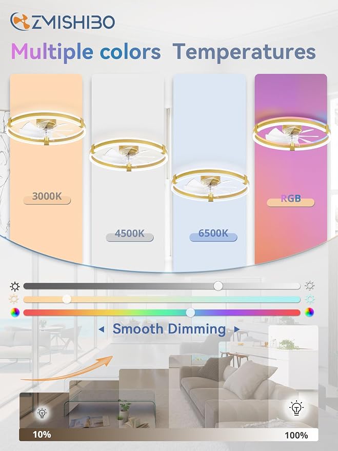ZMISHIBO RGB Ceiling Fans with Lights and Remote, 23 inch Low Profile Ceiling Fan with Light, 3000K-6000K Dimmable & RGB, Modern Fandelier Flush Mount Ceiling Fan, Small LED Fan for Bedroom,Gold