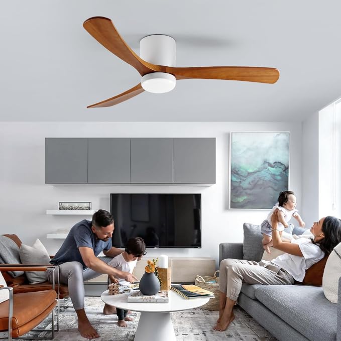 GESUM Ceiling Fan With Light, 52" Flush Mount Ceiling Fan with 3 Wood Blades, Reversible,Dimmable, for Living Room Kitchen Bedroom(White+Wood)