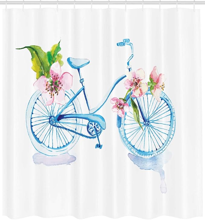 Ambesonne Bicycle Shower Curtain, Grungy Inspired Watercolors Textured Bicycle with Orchids Romantic Vehicle, Cloth Fabric Bathroom Decor Set with Hooks, 69" W x 70" L, Pink Blue