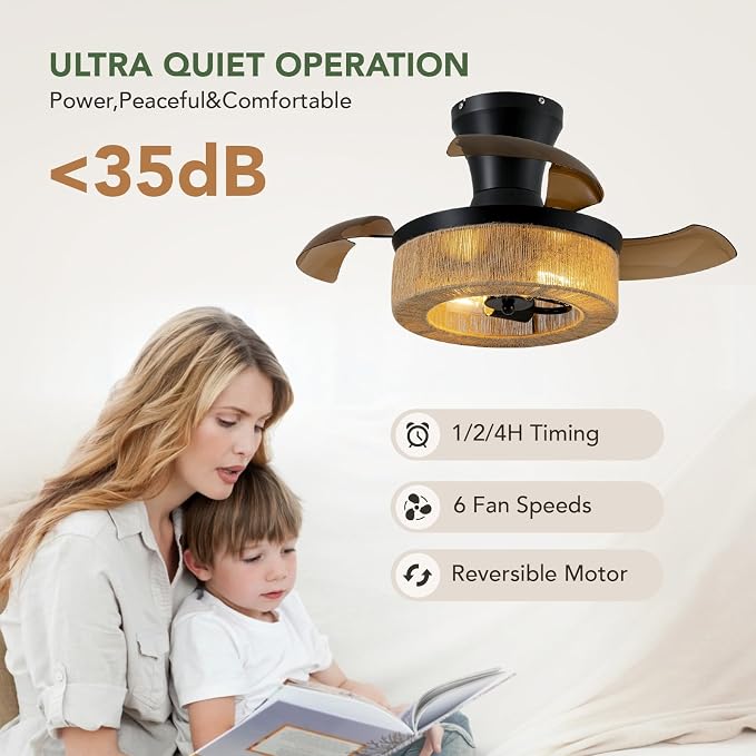 28'' Retractable Ceiling Fan with Lights, Flush Mount Small Caged Low Profile Ceiling Fan with Remote Invisible Blades 6 Wind Speeds farmhouse Fandelier for Kids Nursery Room, Bedroom, Kitchen