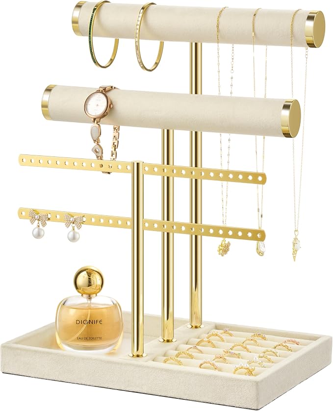 Jewelry Organizer Stand for Necklaces, Bracelets, Earrings, Rings, Beige | 3 Tier Velvet Bracelet Holder Display | Jewelry Organizers and Storage | Jewelry Tree | Jewelry Towers