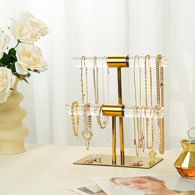 Display Stand Acrylic Jewelry Towers - Stainless Steel Long Necklaces Stand 2-Tier Crystal Tabletop Jewelry Organizer Home Decor for Store Boutique Vendors