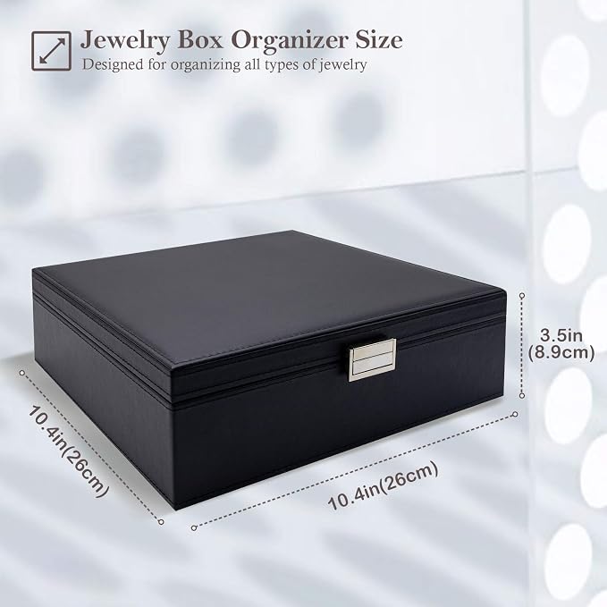 ProCase 2 Layers Jewelry Box for Women -Black | Large Leather Jewelry Organizer Storage Case with Removable Pad for Earrings