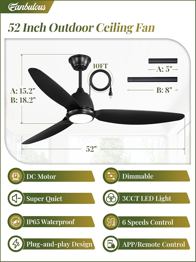 Fanbulous 52" Outdoor Ceiling Fan with Light, IP65 Waterproof Wet Rated, Plug in Gazebo Fan with 10FT Cord, Smart APP & Remote, 6-Speed Reversible DC Motor, 3CCT Dimmable LED for Patio Porch (Black)