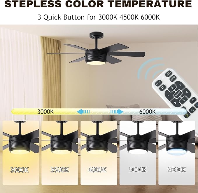 SHOWDI Black Ceiling Fans with Lights and Remote, Quick Installation, 42 in | 2 Blade Color, Metal Material, App Remote Control, Timer, Reversible, 3CCT, Dimmable for Bedroom, Living room, Indoor