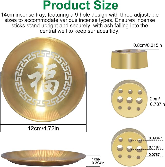 2 in 1 Incense Burner Tray with 9 Holes Stand Base, 4.72 inch Brass Incense Holder for Incense Sticks/Cones, Incense, Brass Ash Catcher for Meditation Yoga Roomr,Home Fragrance Decoration