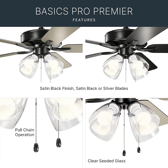 Kichler Basics Pro Premier 52 in Ceiling Fan with Light, Reversible Blade Indoor Fan with 4200 CFM High Airflow in Satin Black, LED Bulbs Included for Bedroom or Kitchen, 330016SBKS