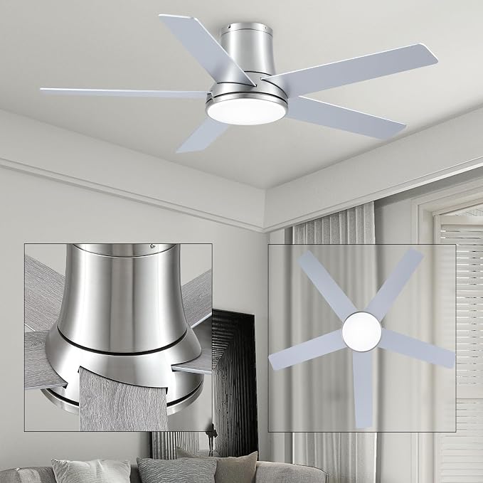 52 Inch Pro Brushed Nickel Flush Mount Ceiling Fans with Lights and Remote | 3CCT Dimmable LED, 6 Speed, Quiet DC Motor, 3-Level Timer Function, Forward/Reserve For all Seasons, Indoor/Covered Outdoor