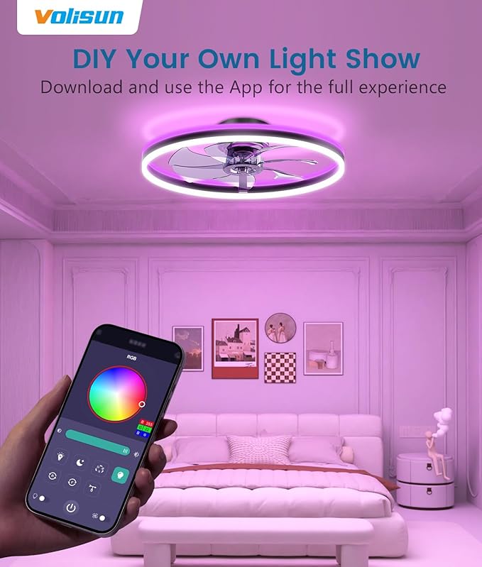 VOLISUN RGB Ceiling Fan with Lights and Remote, 23.6in Low Profile Ceiling Fan Flush Mount, 3000K-6500K Dimmable Fandelier LED Fan Light, Black Bladeless Ceilings Fans for Bedroom