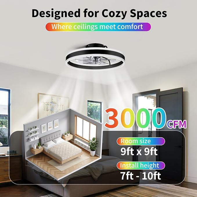 TCL 20'' Flush Mount Ceiling Fan with Lights and Remote, RGB Backlight Dual Lighting Mode, Modern Low Profile Ceiling Fan with Quiet DC Motor, Stylish Lighting for Bedroom, Black