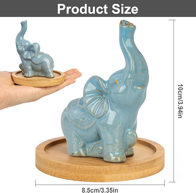 Cute Elephant Incense Holder with Wooden Coaster, Handmade Ceramic Burner, Animal Theme Incense Tray, Incense Burner for Home Decoration Accessories (Blue)