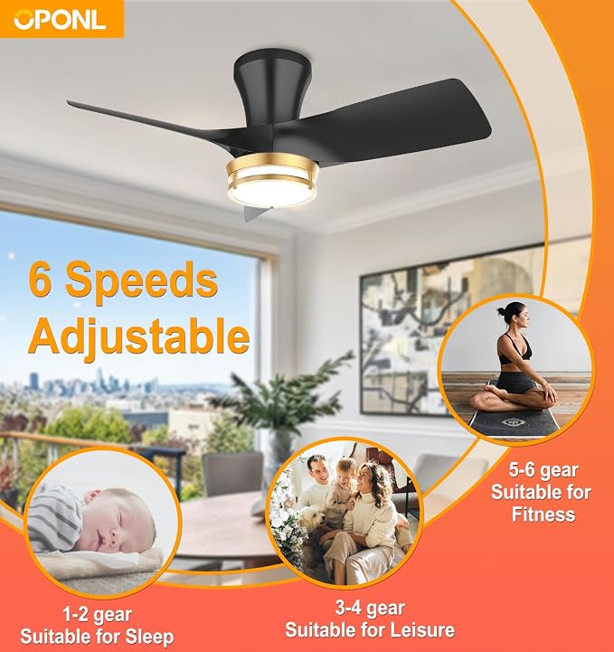 OPONL Ceiling Fan with Light, 30 inch Low Profile Ceiling fan with Light and Remote Control, Reversible, 6CCT, Dimmable, Noiseless, Black Ceiling Fan for Bedroom, Indoor/Outdoor Use, Modern