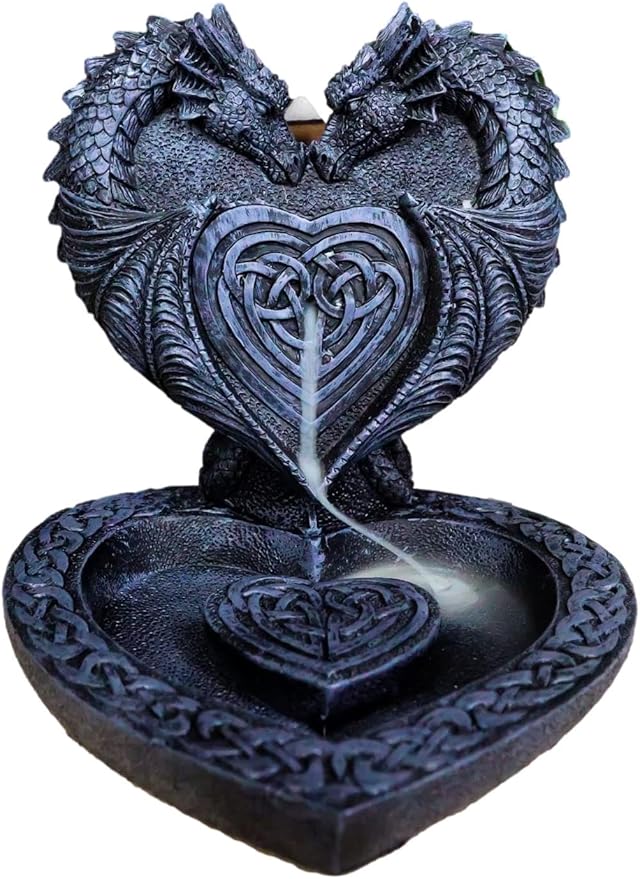 Ebros Gift Guardian of Faux Stone Celtic Heart Tomb Altar Romantic Double Dragon Backflow Cone Incense Cascading Smoke Pool Waterfall Burner Holder Figurine Fantasy Gothic Dungeons and Dragons