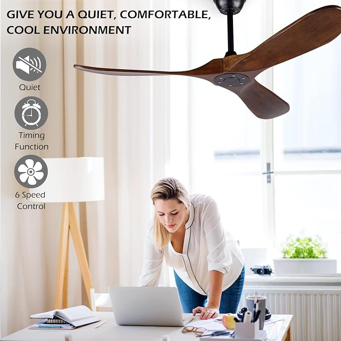 52 Inch Ceiling Fan No Light ，Wood Outdoor Ceiling Fans for Patios Living Room Bedroom 3 Blade Propeller Modern Ceiling Fan Without Light with remote Control(Walnut)