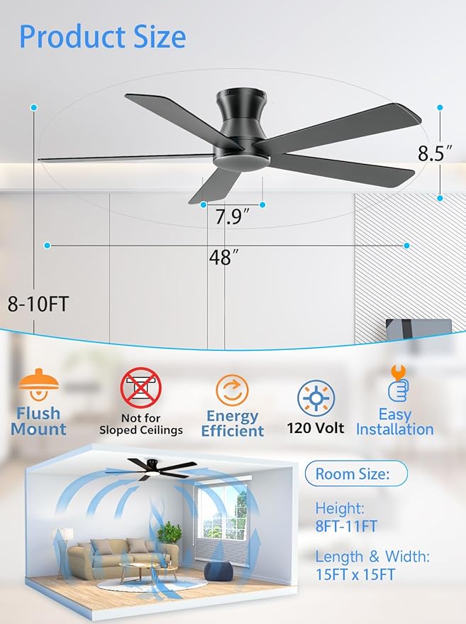 Carrefour 48 Inch Ceiling Fan No Light, Black Low Profile Flush Mount Ceiling Fan Without Light, 6-Speed Reversible, Remote & App Control, Covered Outdoor Ceiling Fans for Patio Living Room Bedroom