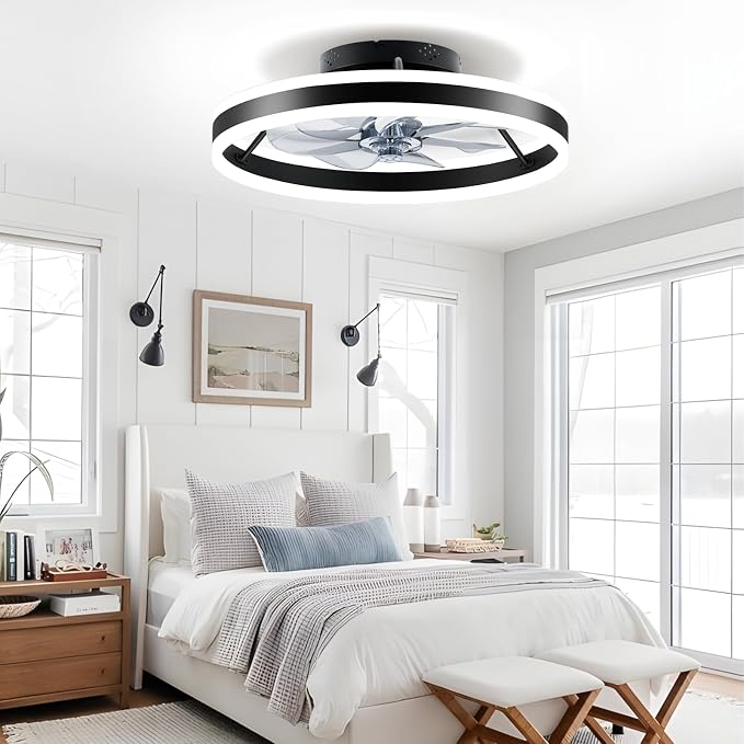 Ceiling Fans with Lights and Remote, 20" Low Profile Flush Mount Ceiling Fan, Pre-Assembled Design, Quiet DC Motor, 6 Wind Speeds, Dimmable 2700-6500K LED Light, Modern Ceiling Fan for Bedroom (Black)