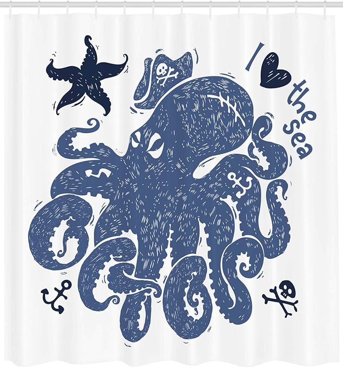 Ambesonne Octopus Shower Curtain, Nautical Theme Image of a Pirate Octopus with Anchors and Starfish Retro, Cloth Fabric Bathroom Decor Set with Hooks, 69" W x 70" L, White Blue