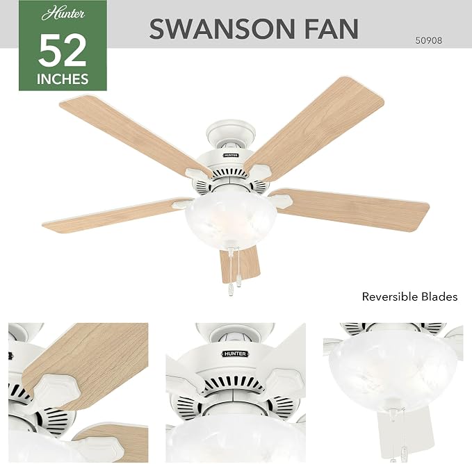 Hunter Swanson, Indoor, Ceiling Fan, with LED Light, 52 inch, Fresh White