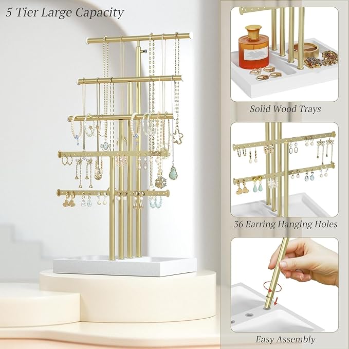 Love-KANKEI Jewelry Organizer Stand 5-Tier,Adjustable Height,White/Gold | Metal Rod,Solid Wood Base,Easy to Install,Tree Style,Display Long Necklaces,Bracelets,Earrings,Rings,Watches,Bangles,Gift