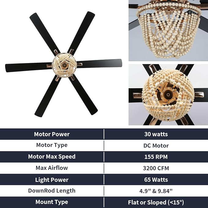 65 Inch Ceiling Fan with Lights and Remote, Wooden Bead Fandelier, 6 Speeds DC Motor Chandelier Fan, Vintage Farmhouse Ceiling Fan for Living, Dining Rooms, Bedroom, Patios, Shop, Ventilador de Techo
