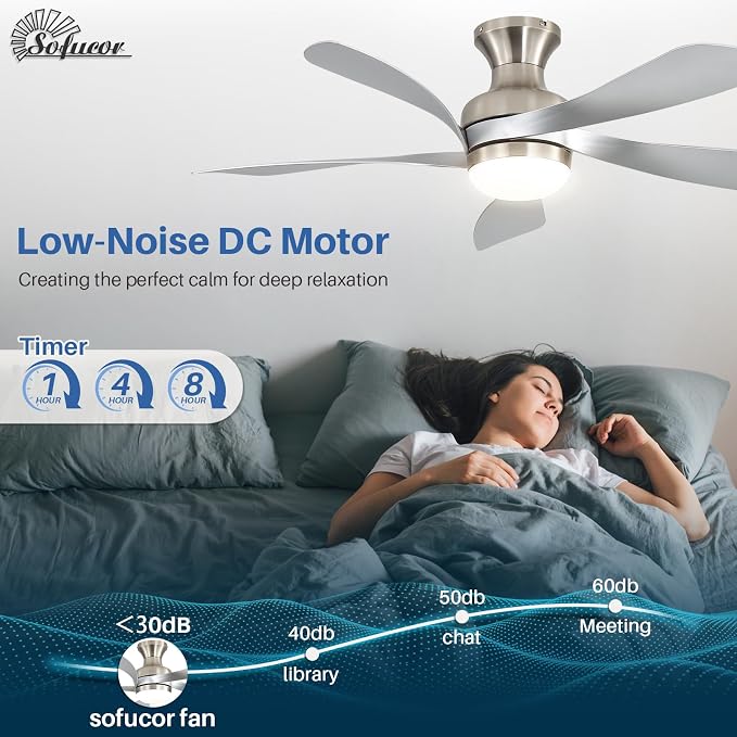 Sofucor 42 Inch Low Profile Ceiling Fan with Light, Flush Mount Outdoor Ceiling Fan with Remote for Farmhouse Bedroom Living Room Patio, Dimmable LED High Airflow Quiet Reversible DC Motor