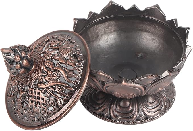 Vintage Backflow Incense Burner Bowl, Lotus Incense Holder Charcoal Ash Catcher Stick Cone Reel Incense for Powder Cone or Coil Incense (Red Bronze)