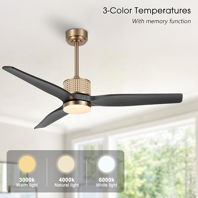 LEDLUX 52" Ceiling Fan with Light – Remote Control, Solid Wood, Quiet Reversible DC Motor, Black/Gold Finish, Includes 4.5"/12" Downrods, Noiseless Ceiling Fan for Bedroom, Living Room, Porch