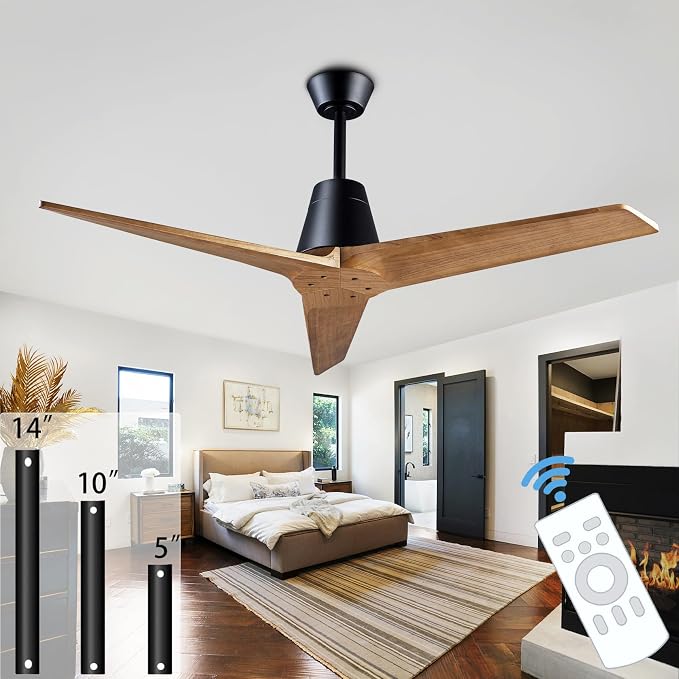 52 Inch Solid Wood 3 Blades Outdoor Ceiling Fan No Light DC Remote Control | solid sycamore blades, reversible dc motor, 6-speed timer remote, no light, for bedroom patio indoor outdoor spaces