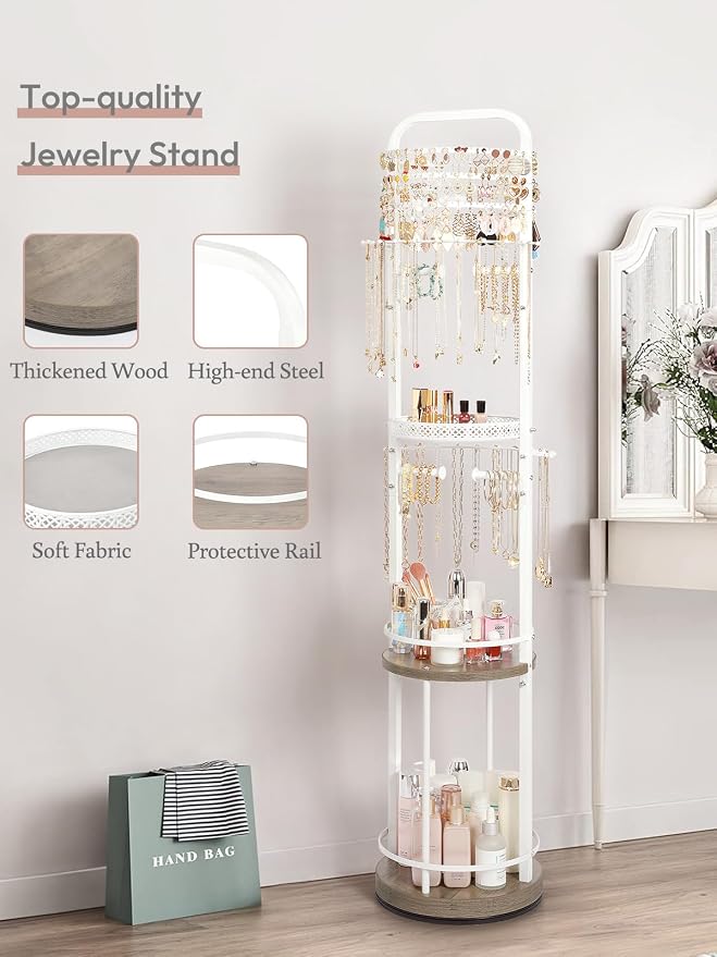 Jewelry Holder Organizer, Floor Jewelry Organizer with Earring Organizer Necklace Holder, Rotating Jewelry Stand Necklace Display Earring Storage, Large Hanging Jewelry Tree for Jewlery Bracelet Ring