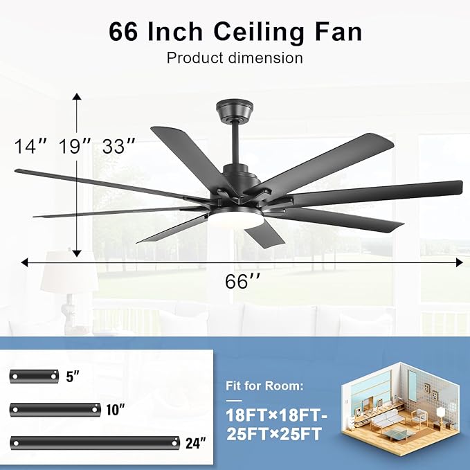 Sofucor 66" Smart Ceiling Fans with Lights, Indoor/Outdoor Ceiling Fan with Light and Remote, Compatible with Alexa/Google/App, Reversible DC Motor, 8 Blade Black Ceiling Fan Light for Patio Bedroom