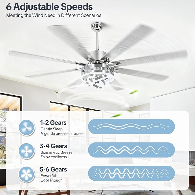 72" Ceilling Fans with Lights, Chandelier Fan Modern DC Motor Dimmable Led Fandelier Ceiling Fan with Light for Bedroom, Living Room, Indoor/Outdoor, Silver