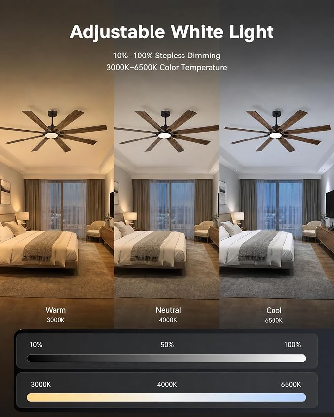 Ceiling Fans with Lights, 72 Inch Brown Indoor Fan with Remote and App Control, Dimmable LED Light, 6 Speeds, Reversible Airflow, Low Noise for Bedroom Living Room Kitchen
