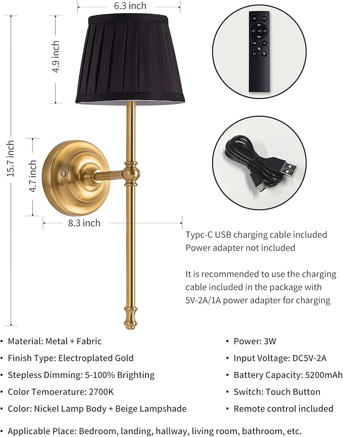 KDG Cordless Wall Sconces Set of 2, Small Wireless 5200mAh Rechargeable Battery Fabric LED Wall Lamps, Portables Lightings for Wall Painting, Living Room, Bedroom, Hallway, Gifts, Night Light (Black)