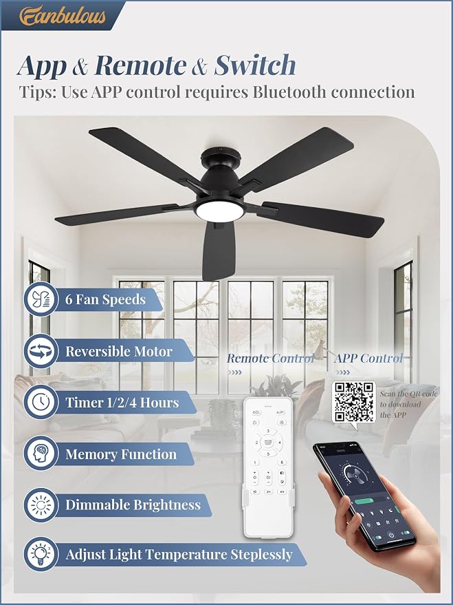 Fanbulous 52 Inch Flush Mount Ceiling Fan with Light, Remote & App, Black | 3CCT 20W LED, 6-Speed Quiet Reversible Motor, Modern Low Profile Flush Mount, Ideal for Bedroom/Living Room/Kitchen.