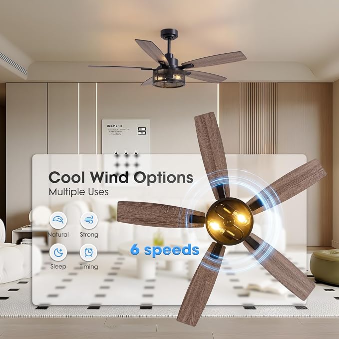 LuminFan 52 Inch Ceiling Fans with Lights and Remote Control, Farmhouse Ceiling Fan for Bedroom Living Room and Patio, Black Caged Ceiling Fan for Indoor and Outdoor