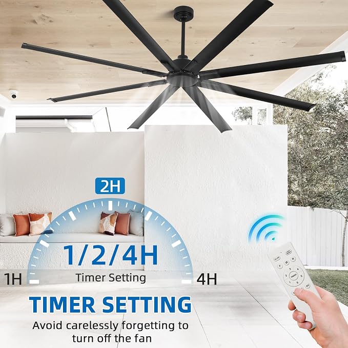 YYEHON 84 Inch Large Industrial Ceiling Fan no Lights, Reversible Dc Motor, 3 Downrods, 6 Speed Remote Control, 8 Aluminum Blades, Black Outdoor Fans for Shop/Gym/Warehouse/Garage