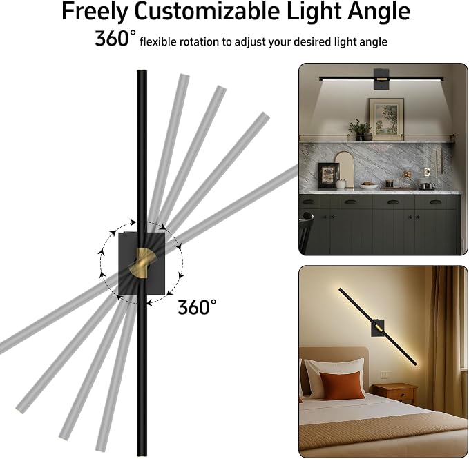 iThird Wall Sconce Battery Operated Wall Light: 10000mAh Wireless Wall Sconces with Remote Control, 360° Rotate Rechargeable Wall Scone for Bedroom Living Room Bathroom Hallway, 31.5 Inch, Black