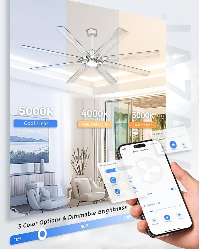 84 Inch Brushed Nickel Ceiling Fan, Smart Alexa Compatible Large Indoor Outdoor Fan for High Ceilings, Covered Patio & Garage, Dual Finish 8 Plywood Blades, ZCCF05BN-84