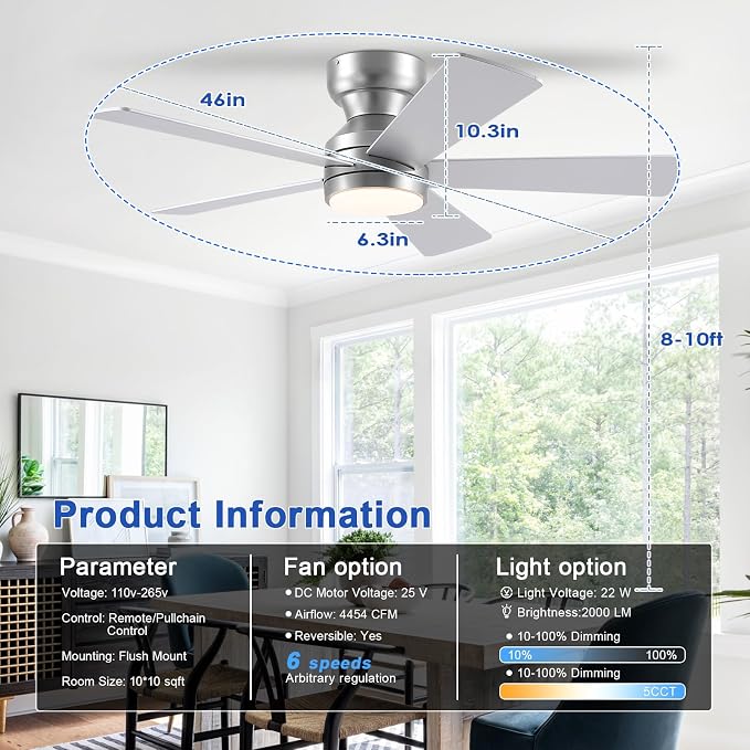 46" Ceiling Fan with Lights Low Profile, Flush Mount Ceiling Light with Remote and 5 Blades, Mute Reversible Motor, 6 Speeds and 3CCT Dimming, Modern Fan Light for Indoor Bedroom, Silver
