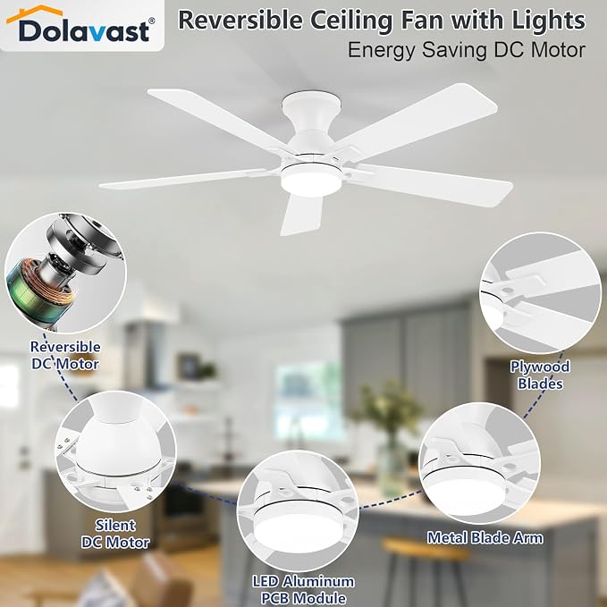 Ceiling Fans with Lights, 52 Inch Low Profile Ceiling Fan with Light and Remote Control, Flush Mount, Reversible, 3CCT, Dimmable LED, Quiet, White Ceiling Fan for Bedroom, Living Room